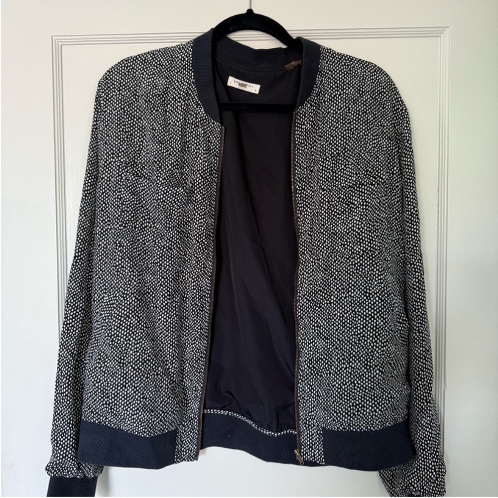 Equipment, Silk Bomber Jacket, White Polka Dots on Blue, Black Trim, Size L